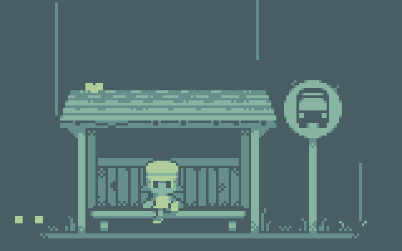 Animated pixel artwork of a rainy bus stop with a young girl swaying back and forth on a bench.
