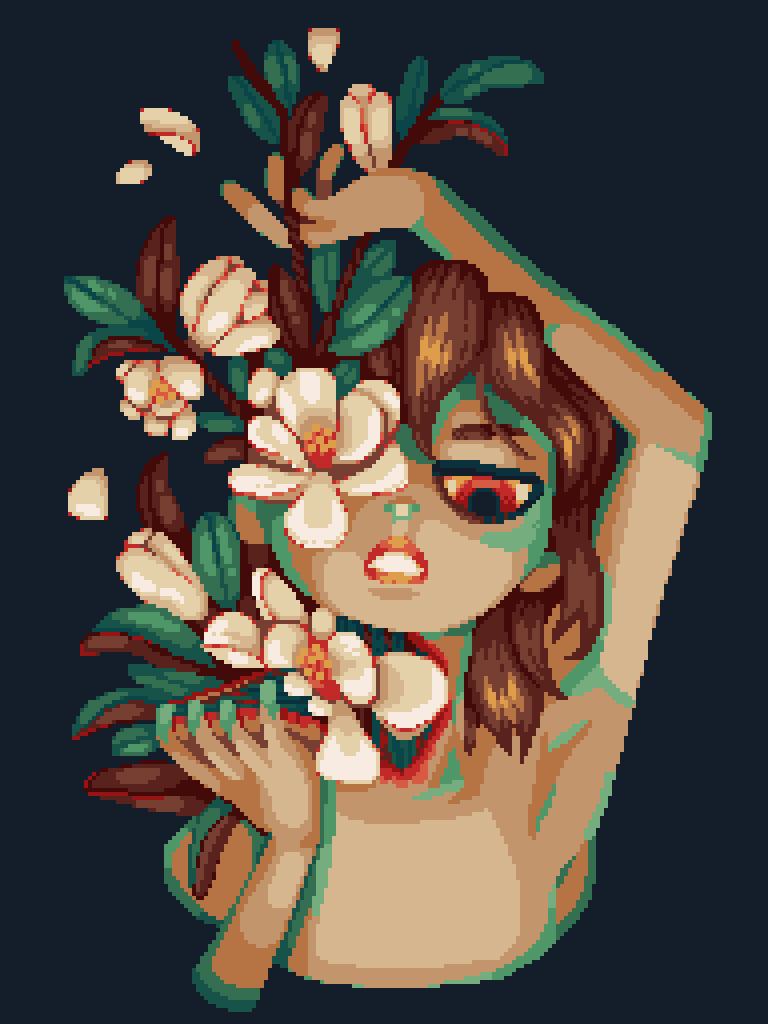 Pixel artwork of a character from the chest up with magnolia flowers, stems, and leaves growing out of their eye and neck. One arm is pulling back their neck skin, and the other is draped over their head.