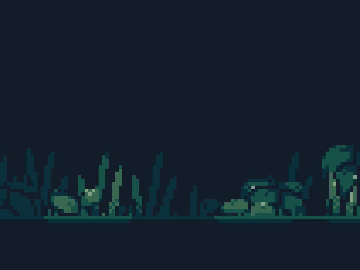 Animated pixel art scene scrolling slowly to the right, showing plants illuminated by fireflies.