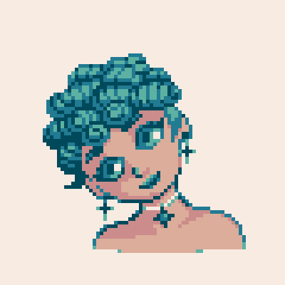 Pixel artwork of a girl with short, curly, blue hair tilting her head sideways and looking up.