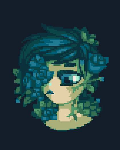 Pixel artwork of a character from the neck up with flowers and leaves covering their eye and growing out of their body.