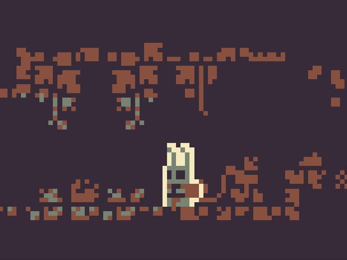 Pixel art scene of a bug-like creature among some leafy vines on the ground and hanging from the ceiling.