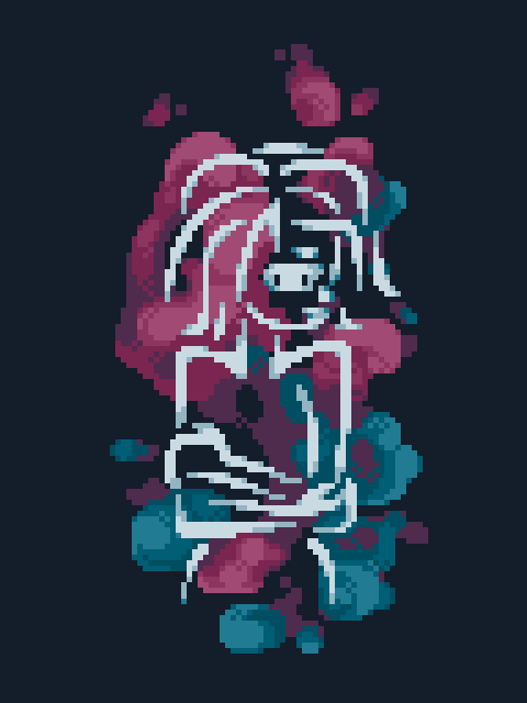 Pixel artwork of an abstract representation of a person holding themselves in sadness, with watercolor-like splotches in the background.